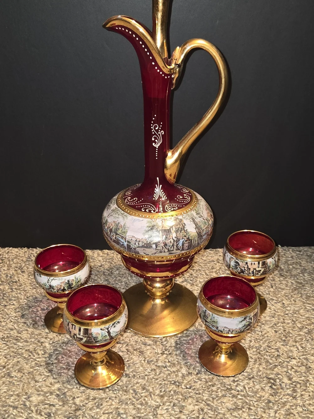 ✨ Vintage Italian Tre Fuochi Venetian Glass Set – Ruby Red & 24K Gold